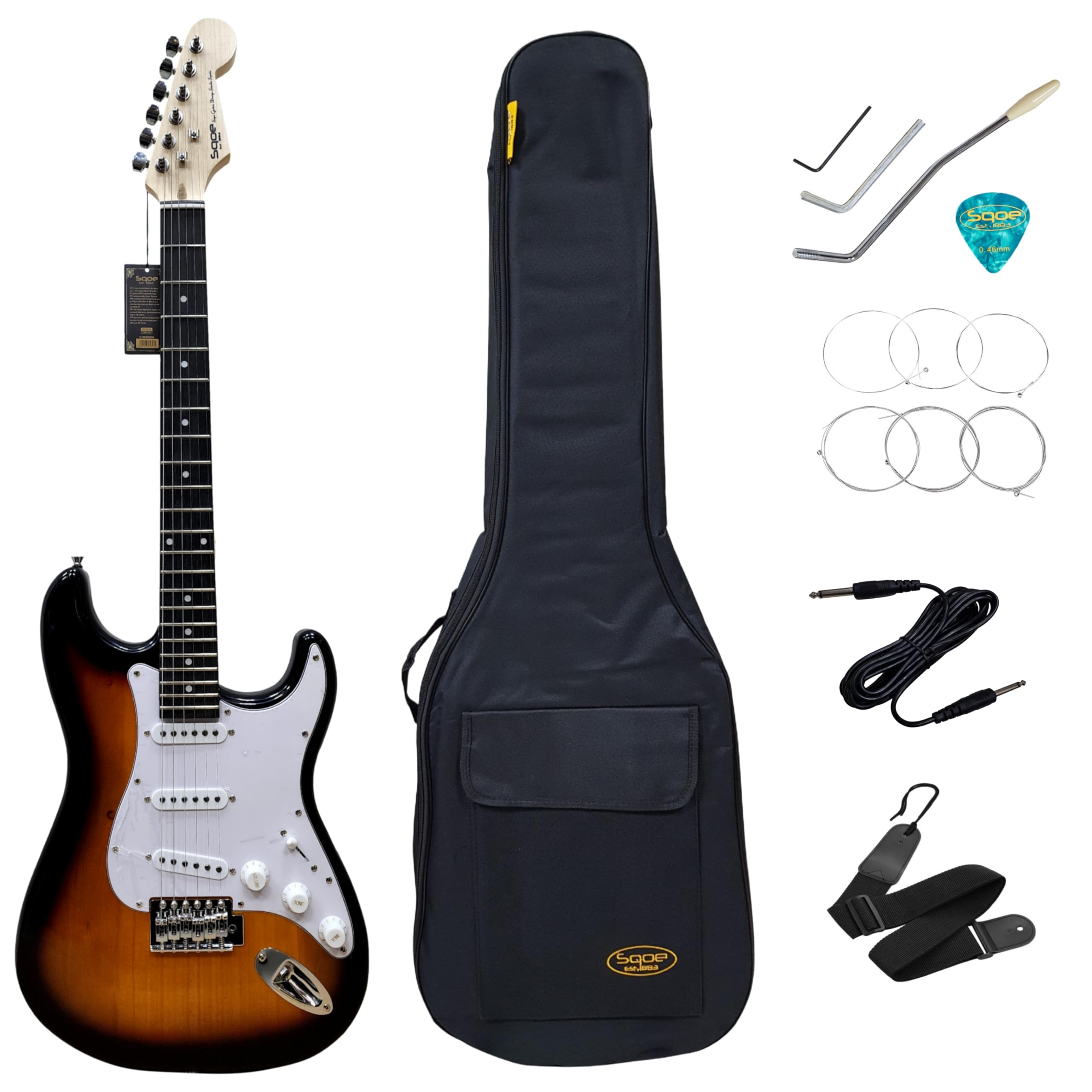 Sqoe ST-A Electric Guitar Starter kit,S-S-S Pickups 22 Frets,Solid Body ideal for beginners with Padded Gig Bag, Strings set,Adjustment Tools, Strap, Cable and picks. (Glossy Sunburst)