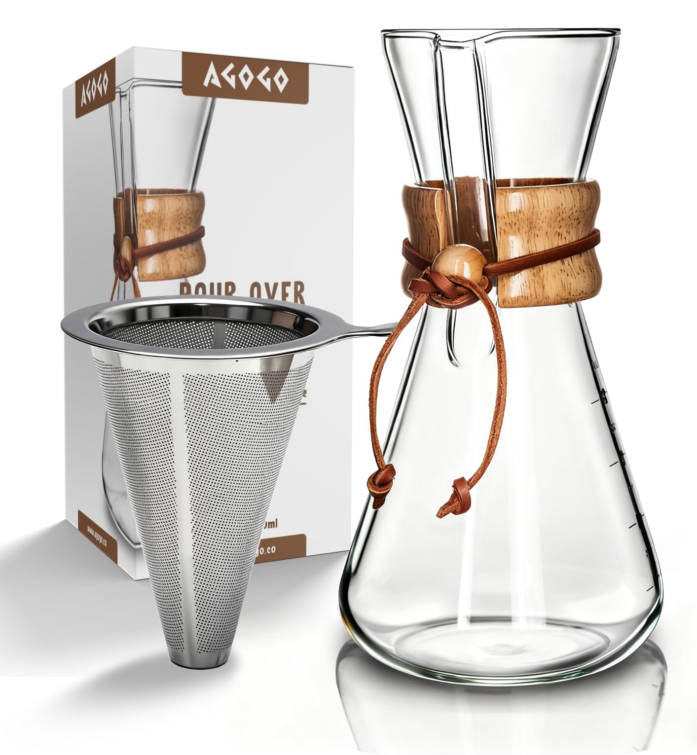 AGOGO Pour Over Coffee Maker Set Woodneck Drip Pot 304 Stainless Steel Filters Brush Cleaning Rags 6 Cup