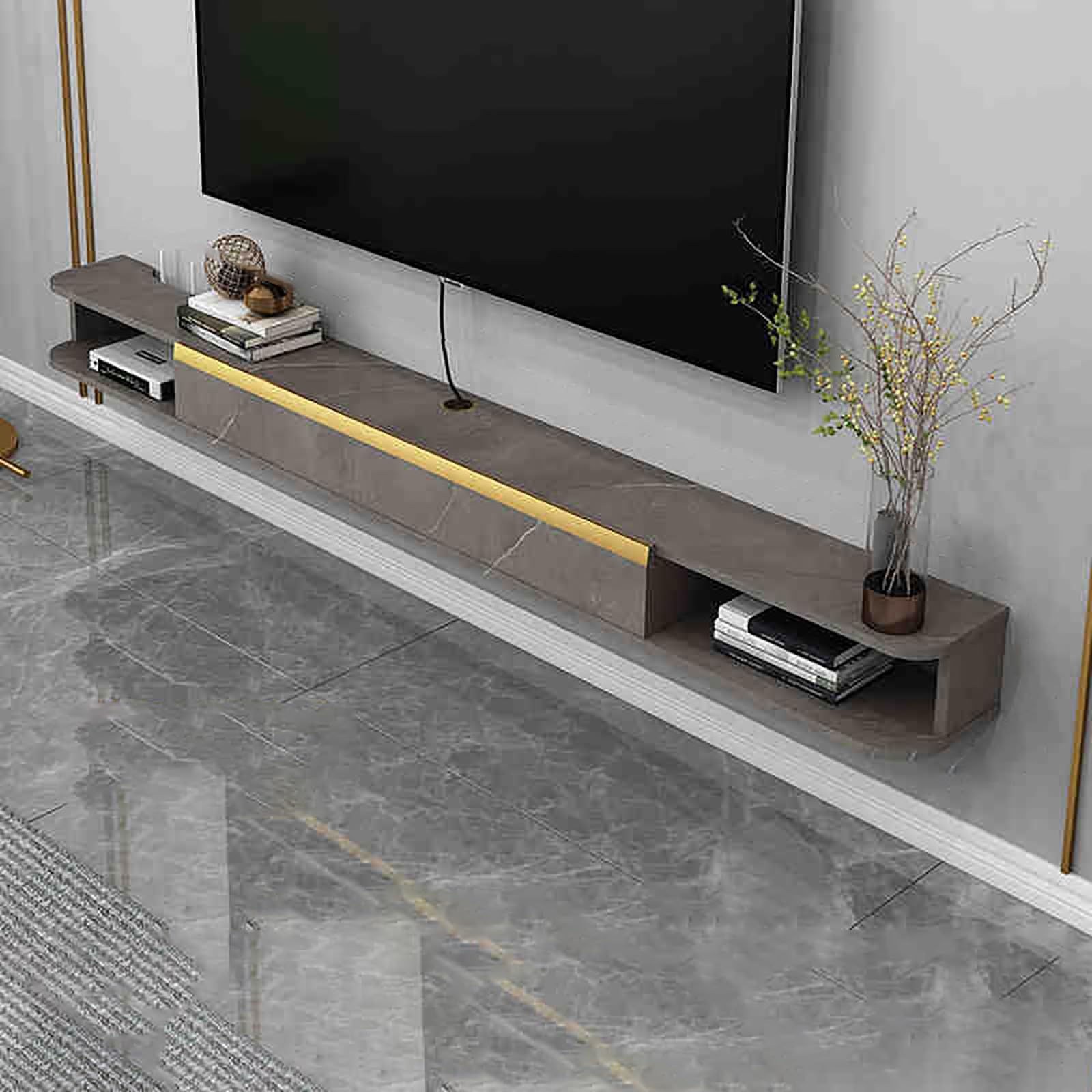Generico Elegante Mobile TV sospeso da Parete - Consolle multimediale in Legno Grigio Scuro con Anta a ribalta e ripiano portaoggetti Aperto - Mobile salvaspazio per casa/Ufficio (120x21,8x16 cm)