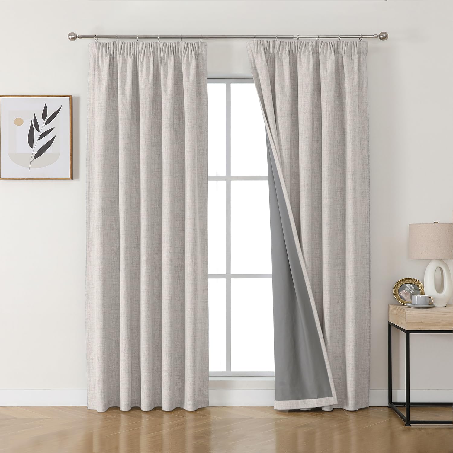 Joydeco 100% Blackout Curtains Bedroom 66 x 84 Inch Drop, Faux Linen Pencil Pleat Thermal Insulated Drapes with Coating Back Layers for Room Darkening Privacy Protection, 2 Panels, Off White