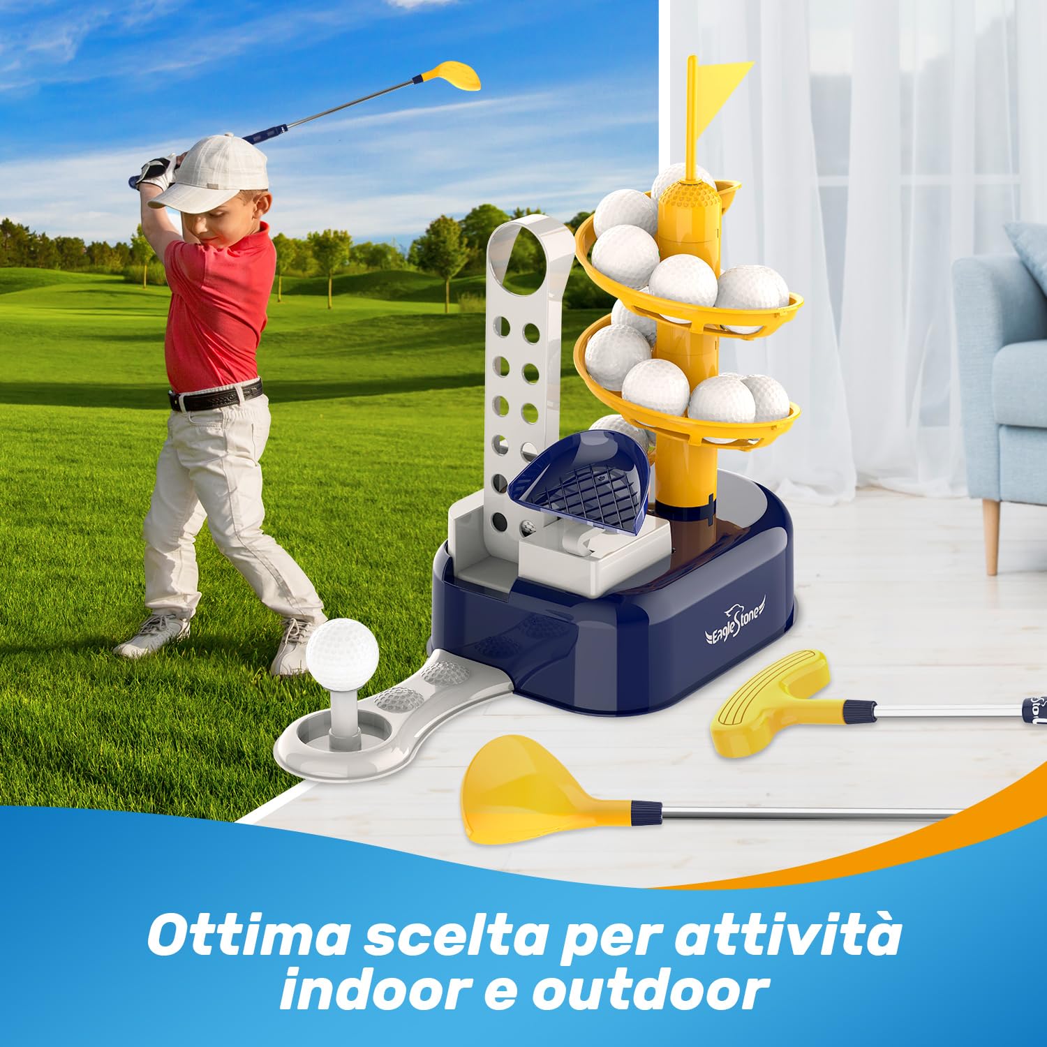 EagleStone Set da Golf Bambini 3-8 Anni con Lanciatore a Pedale, Mazza Regolabile, 15 Palline e Carrello. Giocattolo Sportivo da Interno ed Esterno per Bimbi e Bimbe