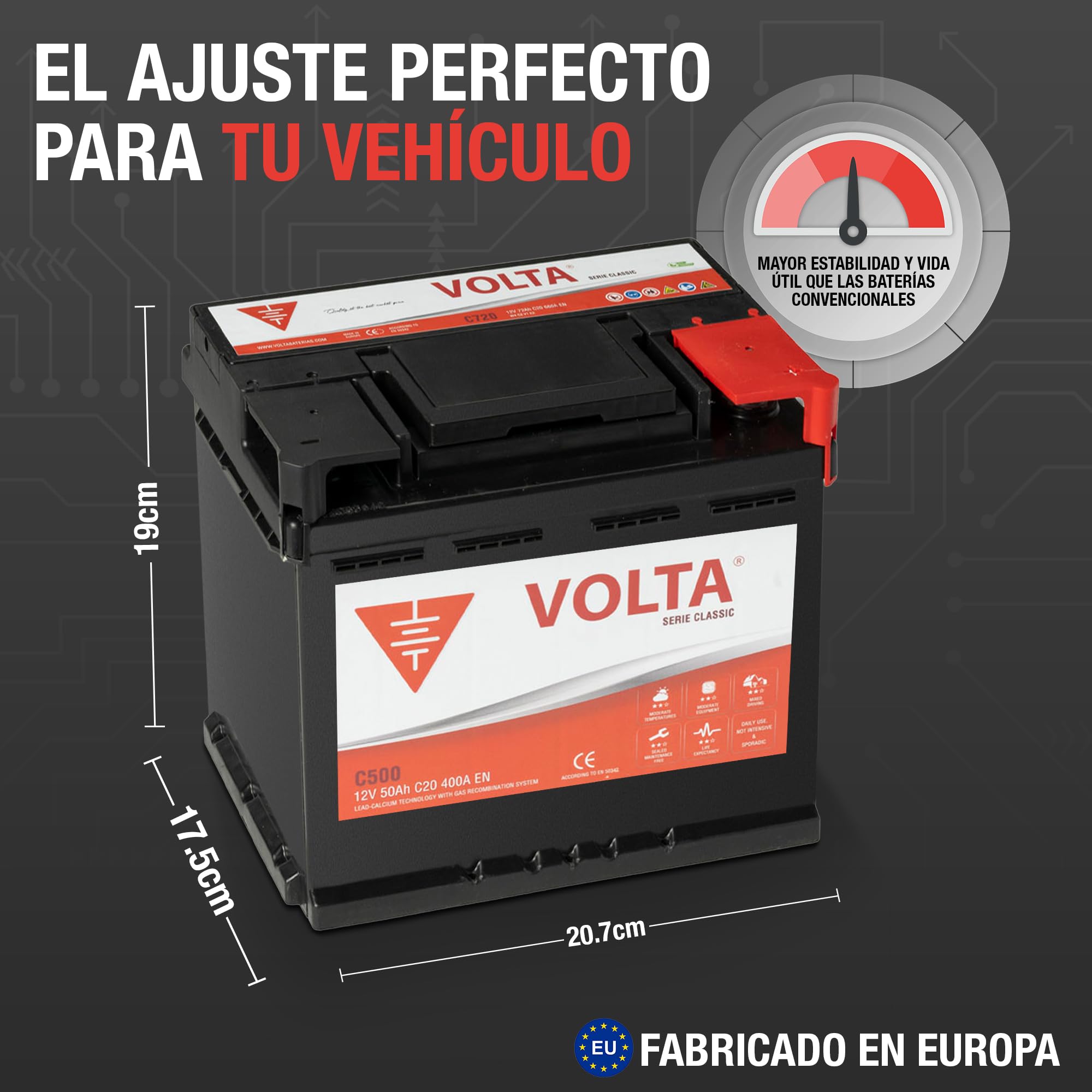Bateria de Coche 50Ah 400A - Volta Classic C500D - Borne +Dcha - Medidas Largo 207 x Ancho 175 x Alto 190 mm con 2 años de Garantía - Fabricación Europea.