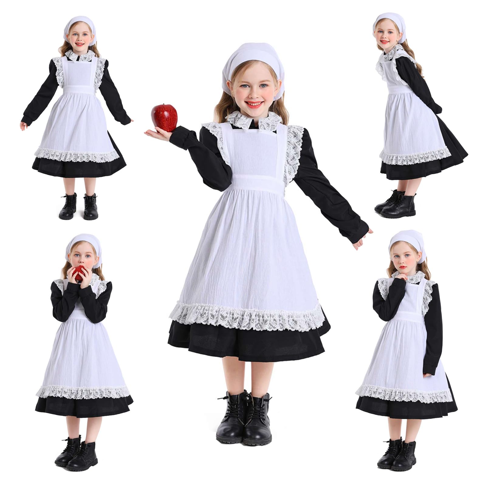 AVIFU Girls Colonial Dress Kids Pioneer Costume Prairie Bonnet Hat Pilgrim Apron Cosplay Accessories Full Set