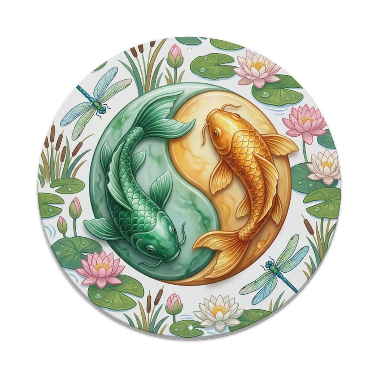 Metal Tin Sign Tai Chi Koi Fish Dragonfly Pond