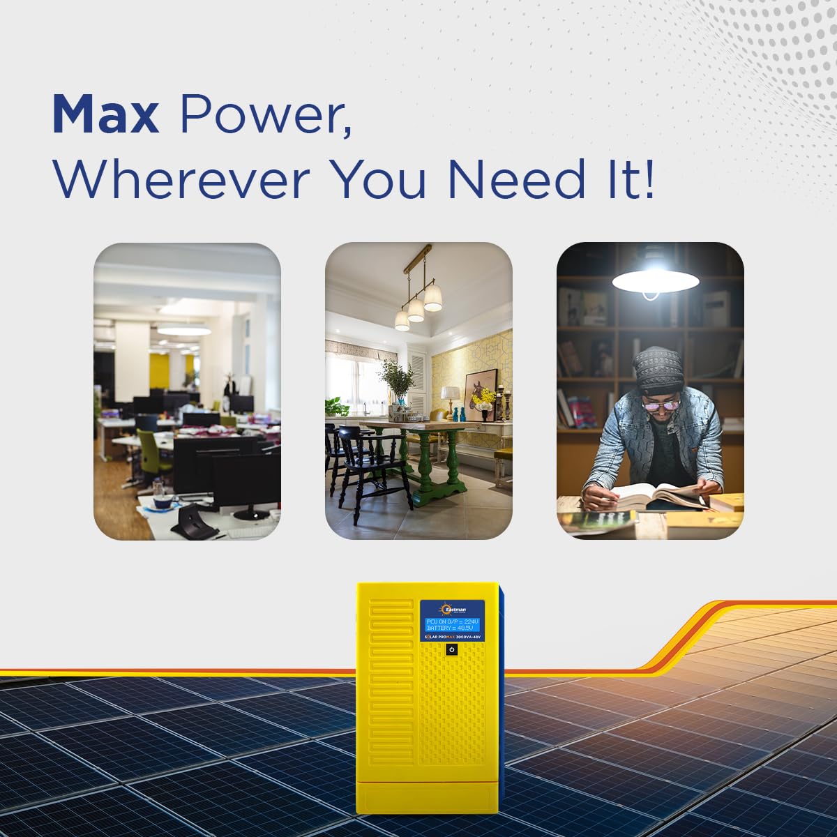 Eastman Solar Promax 3000VA/48V (MPPT) Off Grid Solar Inverter with Utility Power Factor Watt=VA, 43% More Loading Capacity | Warranty 36 Months on Product, 10 Years on Transformer - Image 5 thumbnail