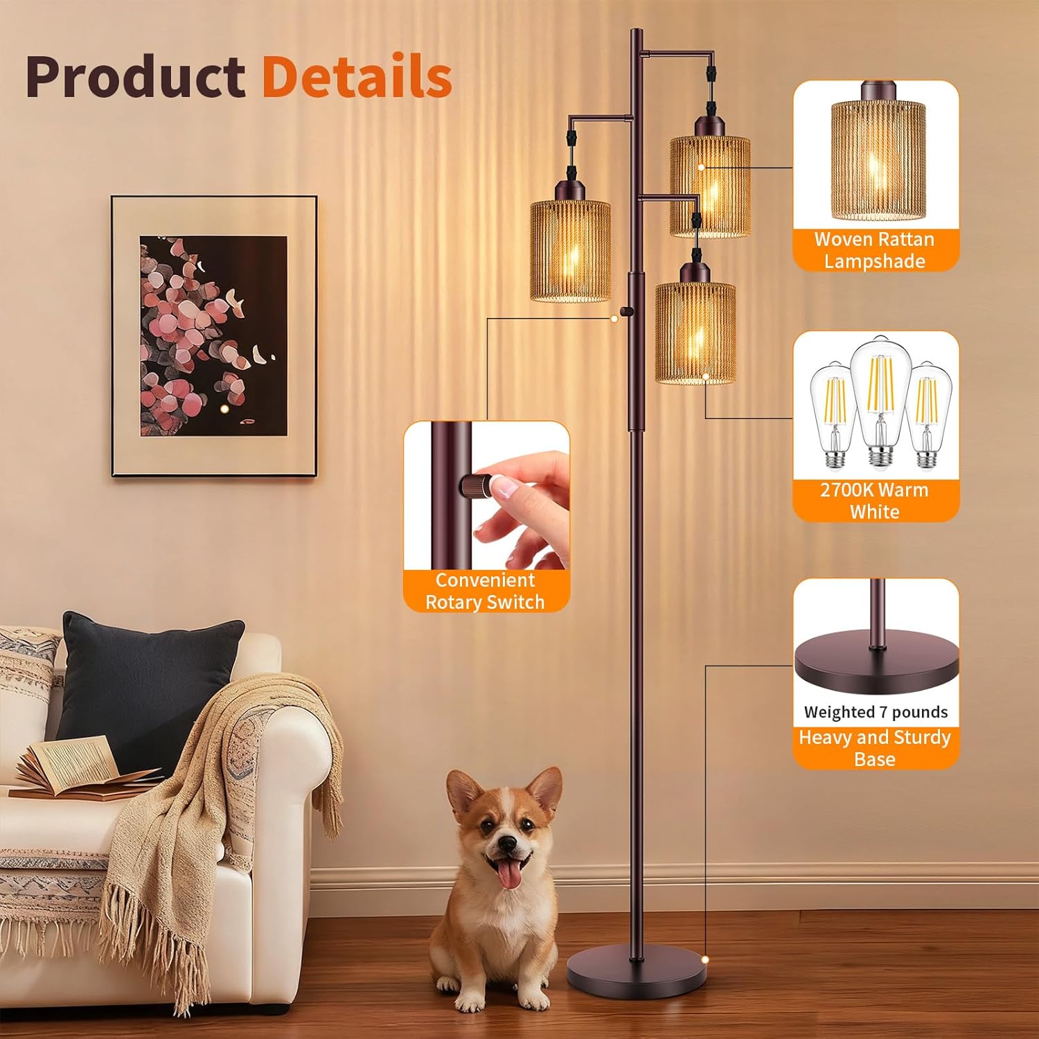 Hotsonic 72" Rattan Boho Floor Lamp, Tall Dimmable Standing Lamp with Handcrafted Brown Shades, Industrial Tree Floor Lamps for Living Room, Bedroom, Study Room, Office (3 x 800LM LED Bulbs Included)