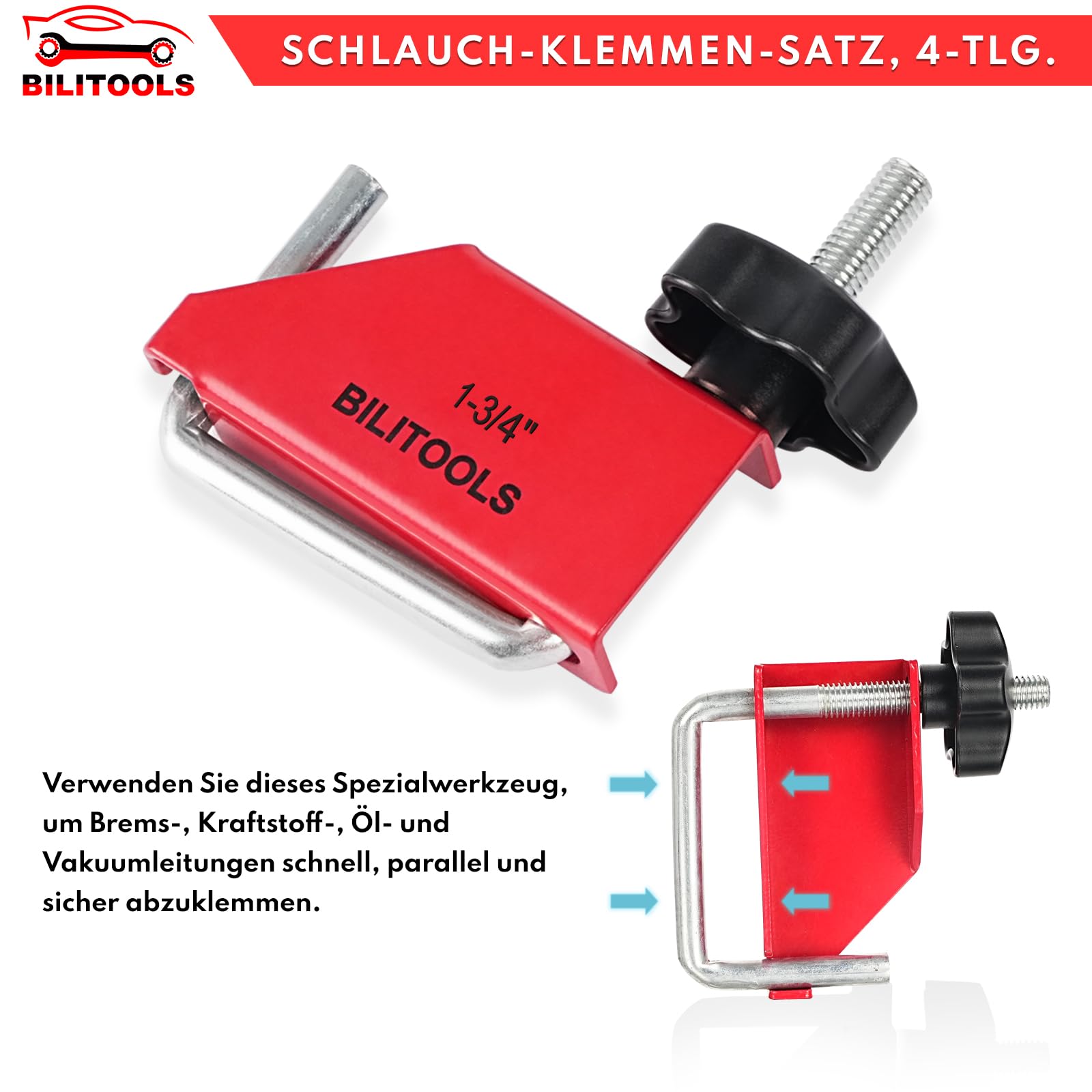 BILITOOLS 4-tlg Schlauchklemmen Werkzeug Set Schlauchklemmenzange Sortiment zum Abklemmen von Benzinschläuchen und Kunststoff-Leitungen ohne Beschädigungen