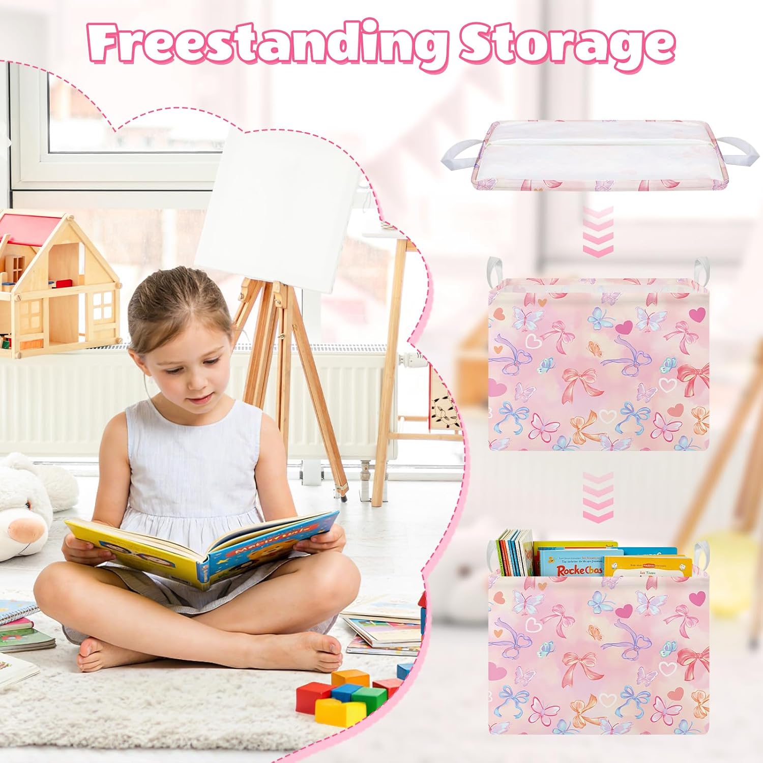 Large Storage Baskets for Organizing 40*30*30cm Collapsible Laundry Basket with Handles Fabric Nursery Storage Bins for Books Clothes Room Deco Bow
