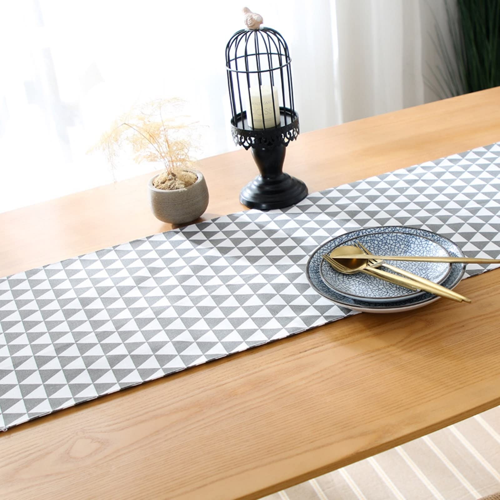 Runner Da Tavolo Moderno 30x240 Cm Con Nappe - Motivo Triangolo In Cotone Grigio Per Decorazione Casa - 2