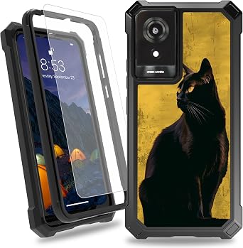 for TCL K24 T434D T434W /K23 Case,Heavy Duty Dual Layer Slim Shockproof Black Cover with Tempered Glass Screen Protector for Women Man,Cute Black Cat