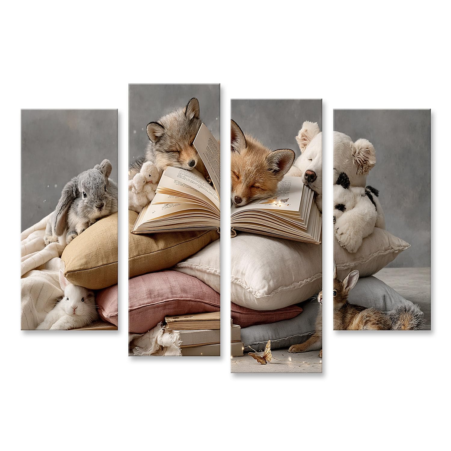 islandburner Cuadro sobre lienzo con diseño de animales de ensueño, libro de cuentos de hadas, para habitación infantil, 4 piezas
