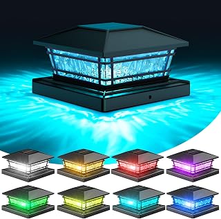 Solar Post Cap Lights with 8 RGB Solid Colors & Color Changing, 8 Pack Fence Post Solar Lights for Garden Patio Porch, Waterproof Deck Post Lights for 4x4 5x5 6x6 Vinyl/Wooden Posts, Black