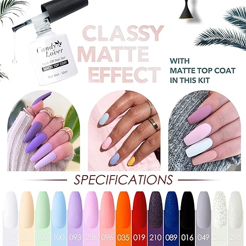 Miniatura 8 de Juego de iniciación de esmalte de uñas de gel Candy Lover con lámpara de 36 W. 15 colores, pastel arcoíris, con capa superior, base mate, capa