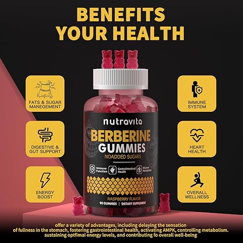 Miniatura 3 de Nutravita Gomitas de berberina con canela de Ceilán, 1500 mg de berberina de alta potencia, suplemento para apoyo inmunológico y metabolismo,