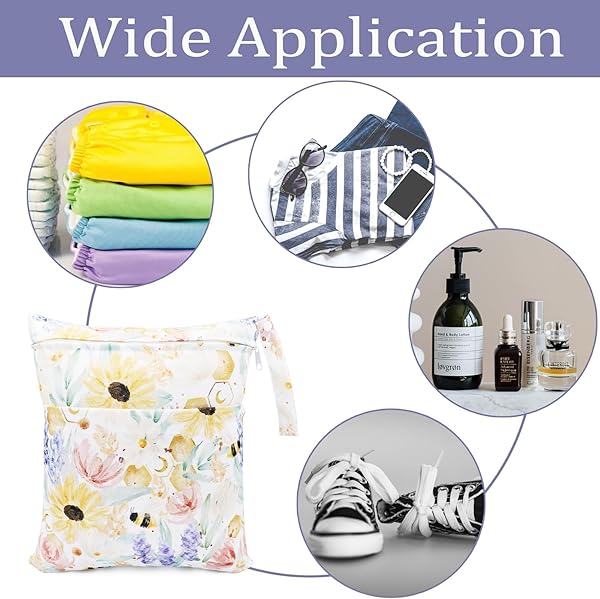 Wet Bag, 2 PCS Wet Dry Bags for Cloth Diapers Nappy Daycare Organiser Storage Bags, Waterproof Washable Reusable Zipper Bag (Colourful) - 5