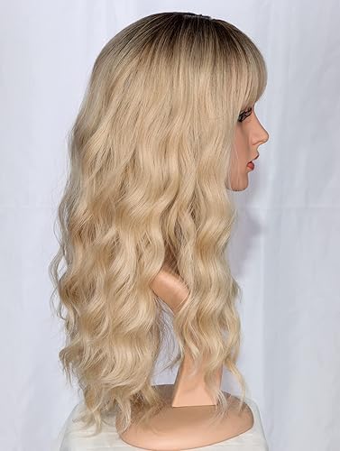 Miniatura 3 de SYMEIW Pelucas onduladas rubias medias largas para mujer, pelucas sintéticas de pelo completo con flequillo para uso diario (rubio)