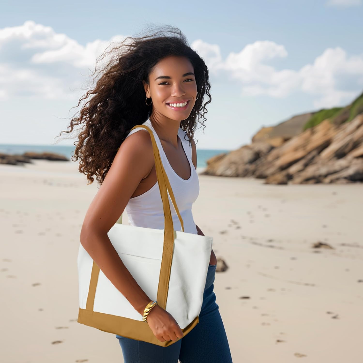 DALIX Daily Shoulder Tote Bag Premium Cotton in Brown image 2