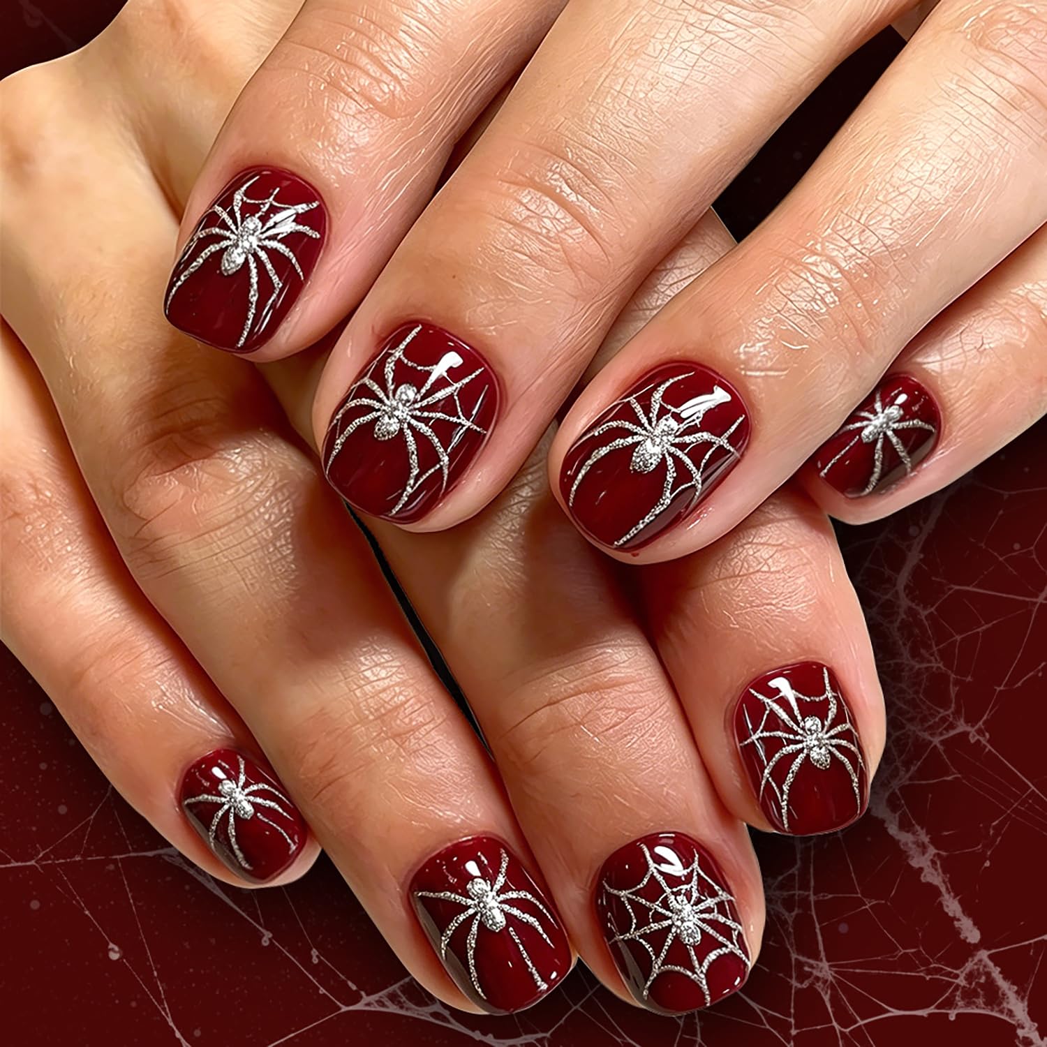 6 Packs(144Pcs) Halloween Press On Nails Short Square With Ghost Spider