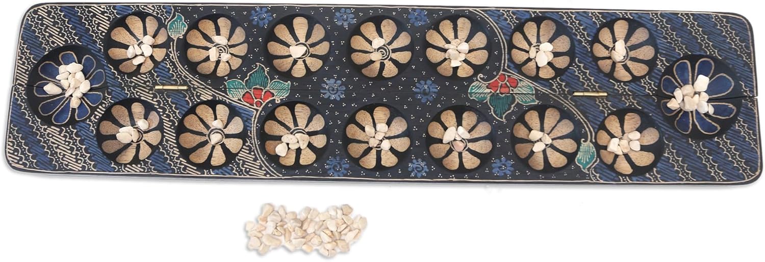 NOVICA Beige Blue Wood Batik Other Games Wooden Games from Indonesia 'Brilliant Blue'