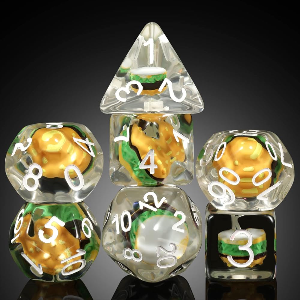 Hamburger Dungeons and Dragons Dice, DNDND 7PCS Resin DND Dice Set with Velvet Bag for D&D Role Playing Games and Tabletop GamesHamburger
