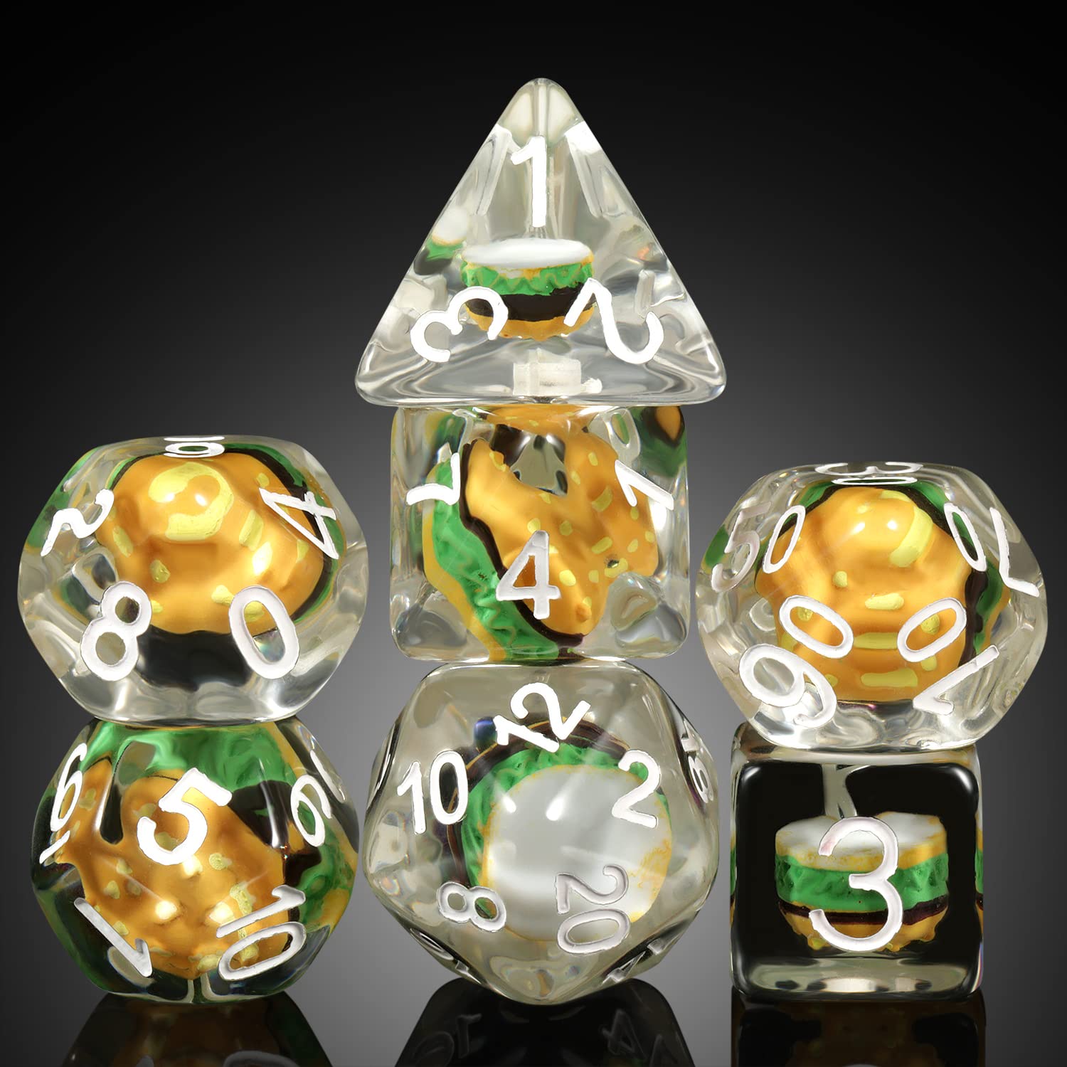 Hamburger Dungeons and Dragons Dice, DNDND 7PCS Resin DND Dice Set with Velvet Bag for D&D Role Playing Games and Tabletop GamesHamburger)