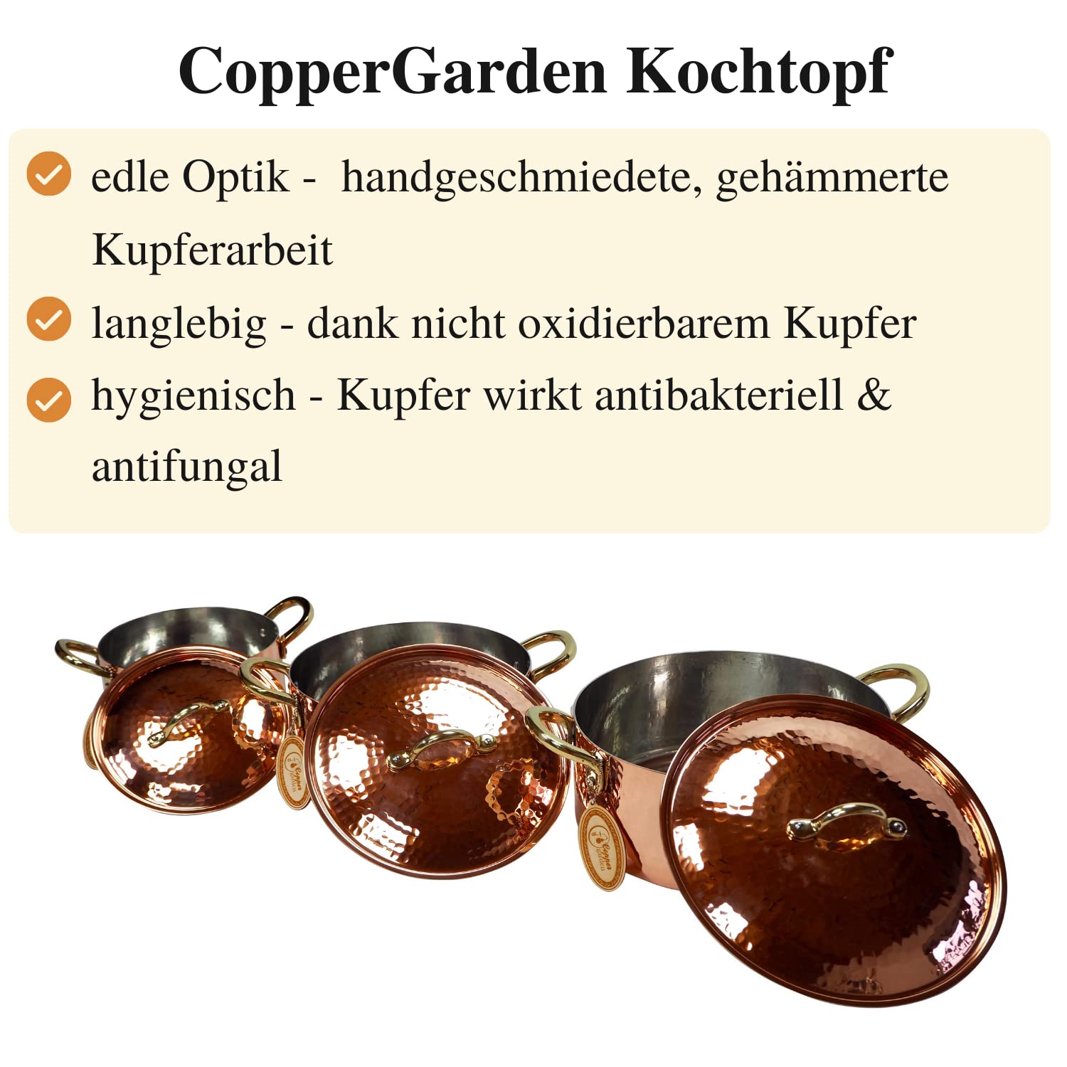 CopperGarden Kupfertöpfe 3er Set mit Deckel & Messinggriffe I Gehämmerte Kupferkochtöpfe: Ideale Wärmeleitung & -verteilung I Robuste Kupfer Töpfe mit 100% Zinn beschichtet