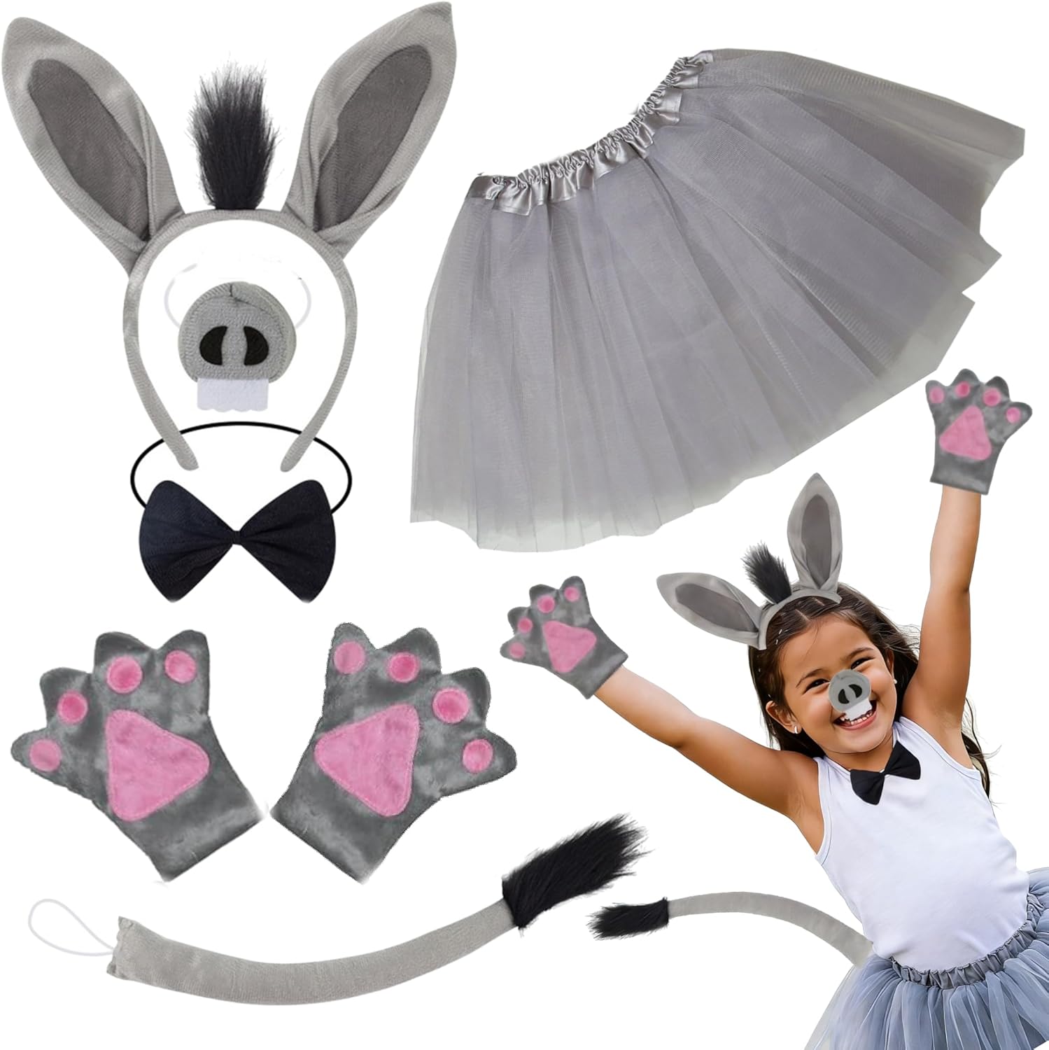 Kirei Sui Kids Animal Costume Brown Bear Pig Black Cat Donkey Kangaroo Tiger Monkey Tutu Ear Headband Bowtie Tail Paws