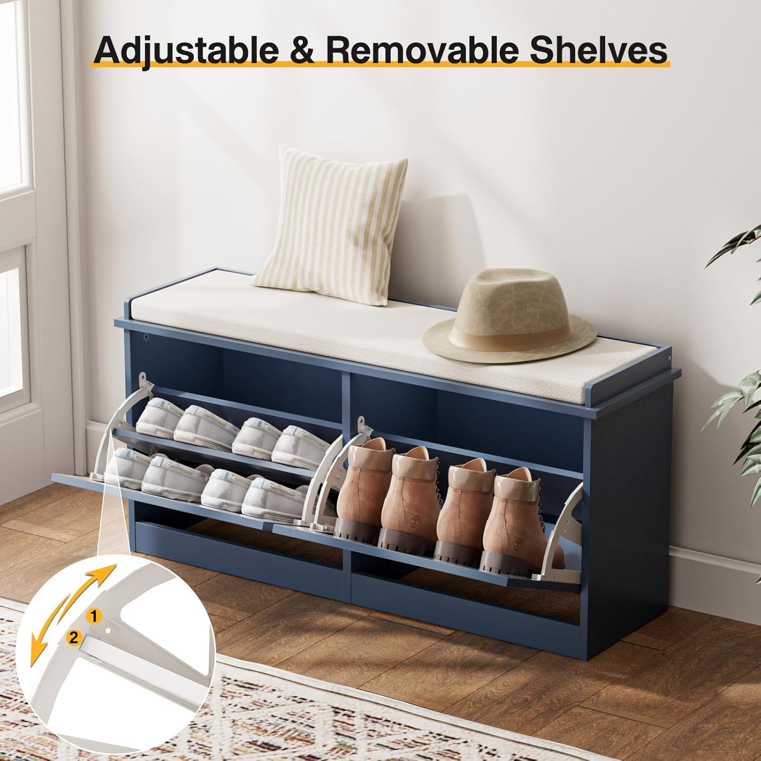 TENNTOU Shoe Storage Bench with 2 Flip Drawer & Seat Cushion, Entryway Bench with Shoe Storage, Hidden Shoe Rack Bench for Hallway, Bedroom, Mudroom (Grey)