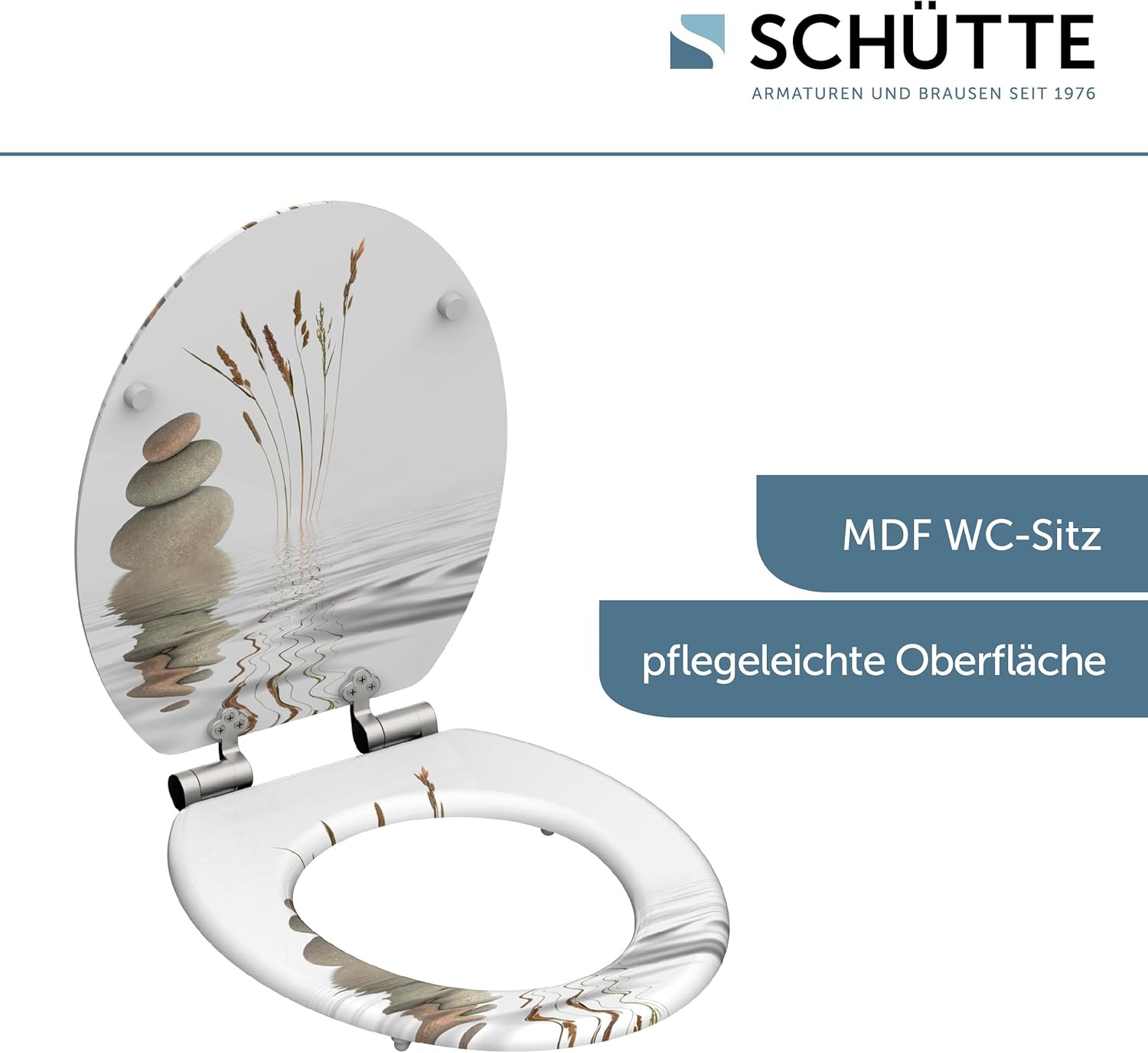 Image highlighting the easy-care surface of the SCHÜTTE 80122 MDF toilet seat.