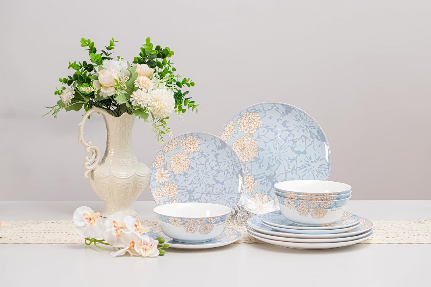 High Bone China Dinnerware Set, 12-Piece Artistic Blue Plates and Bowls, Lightweight & Chip Resistant Ceramic Service for 4, Dishwasher Safe Elegant Kitchen Dining