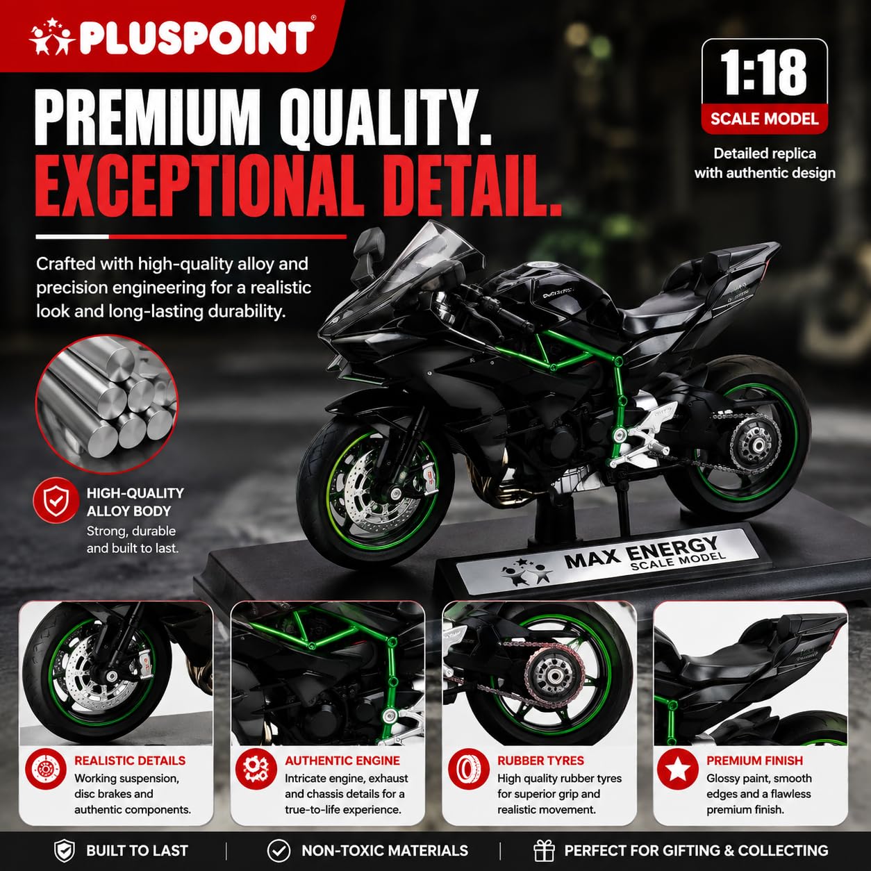 PLUSPOINT Diecast H2R Ninja Bike Motorcycle Toy Bike Scale Model Vehicles Alloy Simulation Superbike Also for Car Dashboard Kids Adult Alloy Highly Simulation Model Vehicle Motorbike Street Machine — Amazon image 4