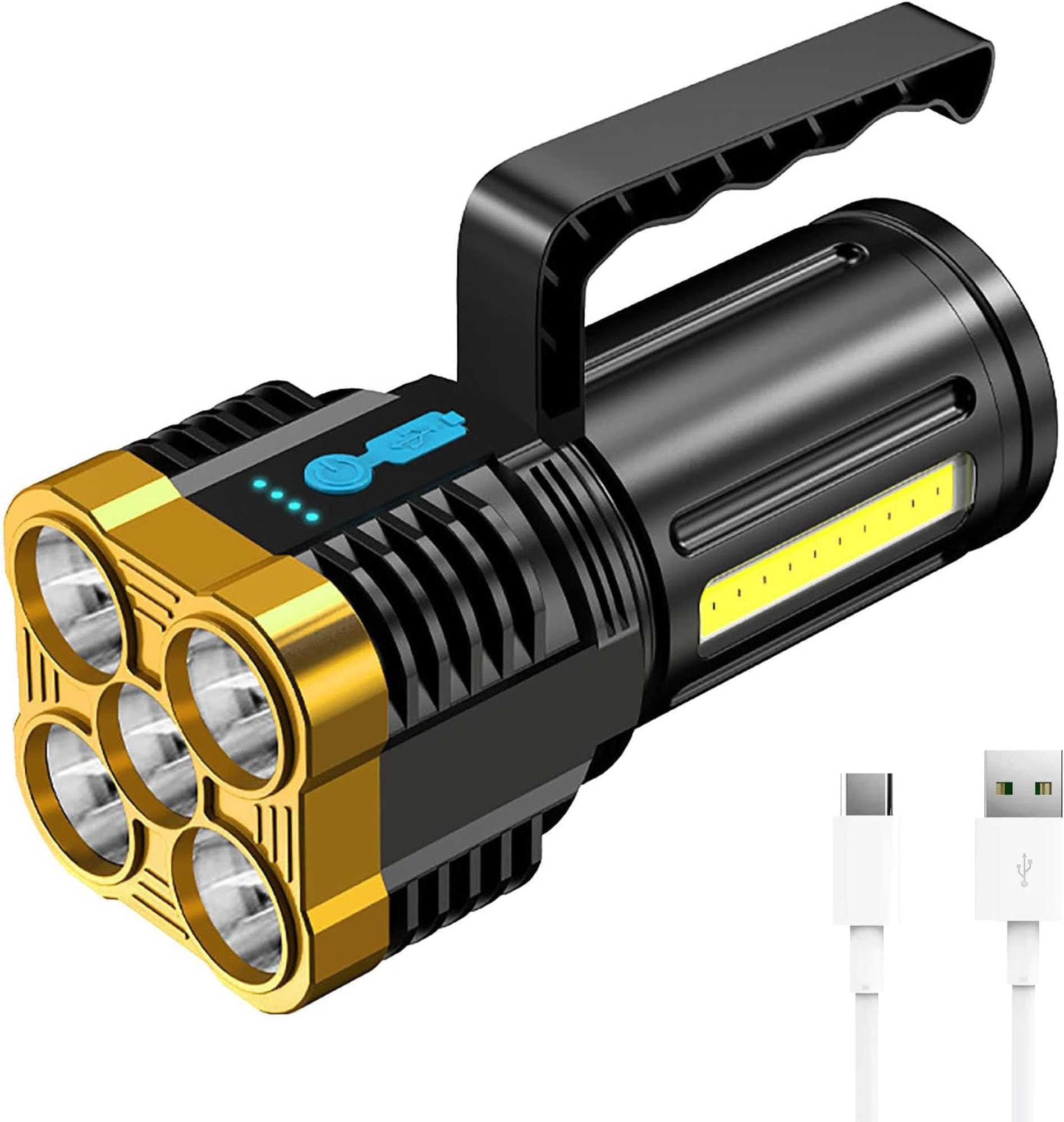 Versa-Mart Powerful 5 LED Flashlight with COB Side Light 4 Modes, USB Rechargeable Camping Torch Flashlight with Built-in Battery