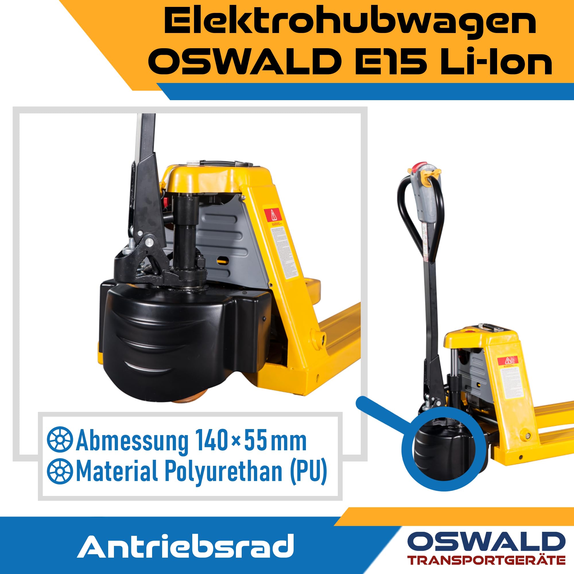 Elektrohubwagen Oswald E15Li - 1.500 kg Tragkraft - 1150 mm Gabellänge - 48V/10 Ah