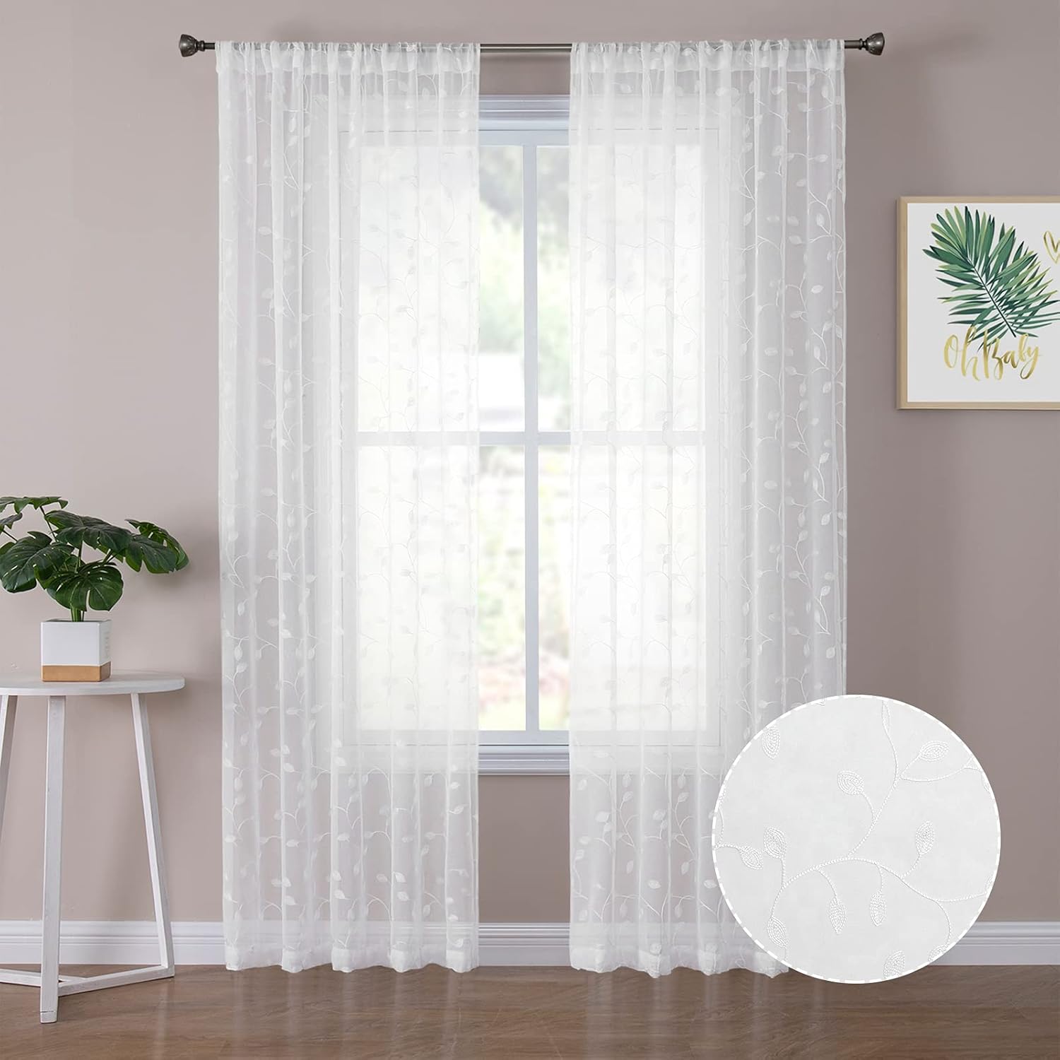 Tollpiz Leaves Sheer Curtain White Leaf Embroidery Living Room Curtains Rod Pocket Voile Faux Linen Embroidered Leaves Curtain for Bedroom, 54 x 95 inches Long, Set of 2 Panels