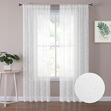 Tollpiz Leaves Sheer Curtain White Leaf Embroidery Living Room Curtains Rod Pocket Voile Faux Linen Embroidered Leaves Curtain for Bedroom, 54 x 95 inches Long, Set of 2 Panels