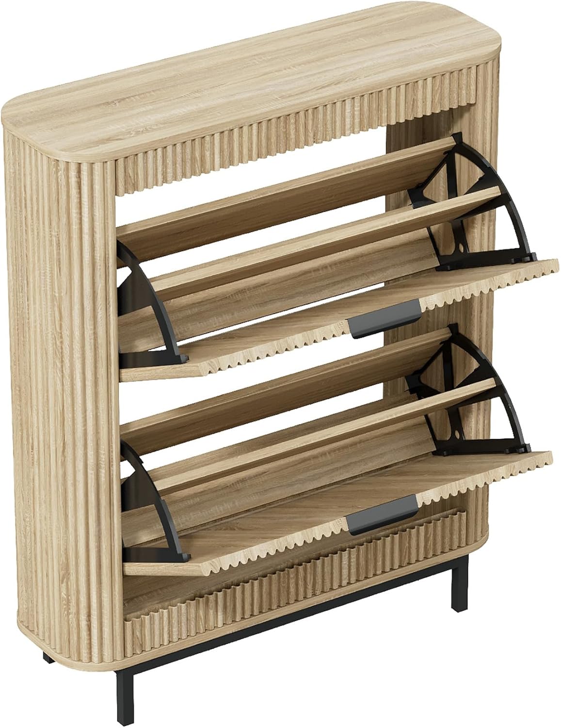 Shoe Cabinet with Fluted Panel and Metal Legs, Arc Narrow Wood Shoe Storage Cabinet with 2 Flip Drawers, Freestanding Wood Hidden Shoe Rack Cabinet for Foyer, Hallway (Naturel)
