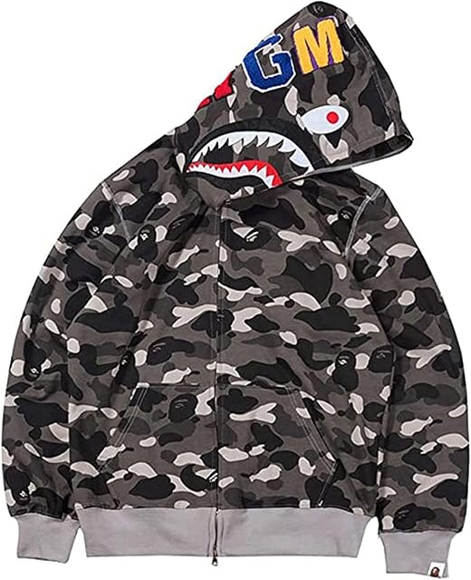 Bape Shark Męska bluza z kapturem, motyw rekina, wzór w stylu kamuflaż, głowa rekina na kapturze, bluza z zamkiem błyskawicznym, odzież sportowa