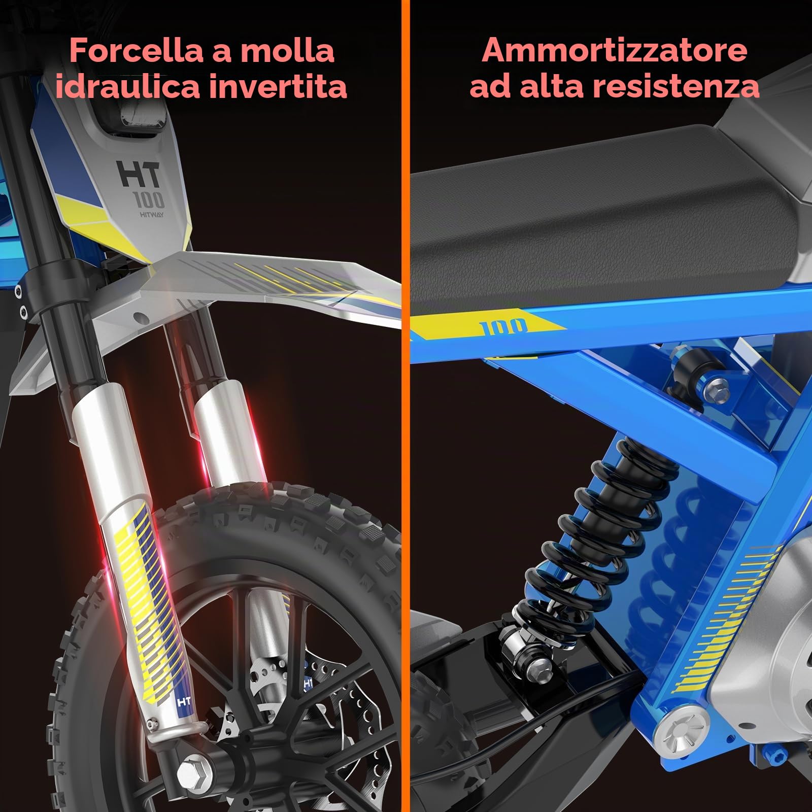 HITWAY Moto Cross elettrico bambino 14" – Motore 400 W, Batteria 36 V 10,4 Ah, 3 velocità (10/15/25 km/h), Autonomia 30-45 km, Doppia sospensione, Pneumatici per tutto il terreno, da 8 anni