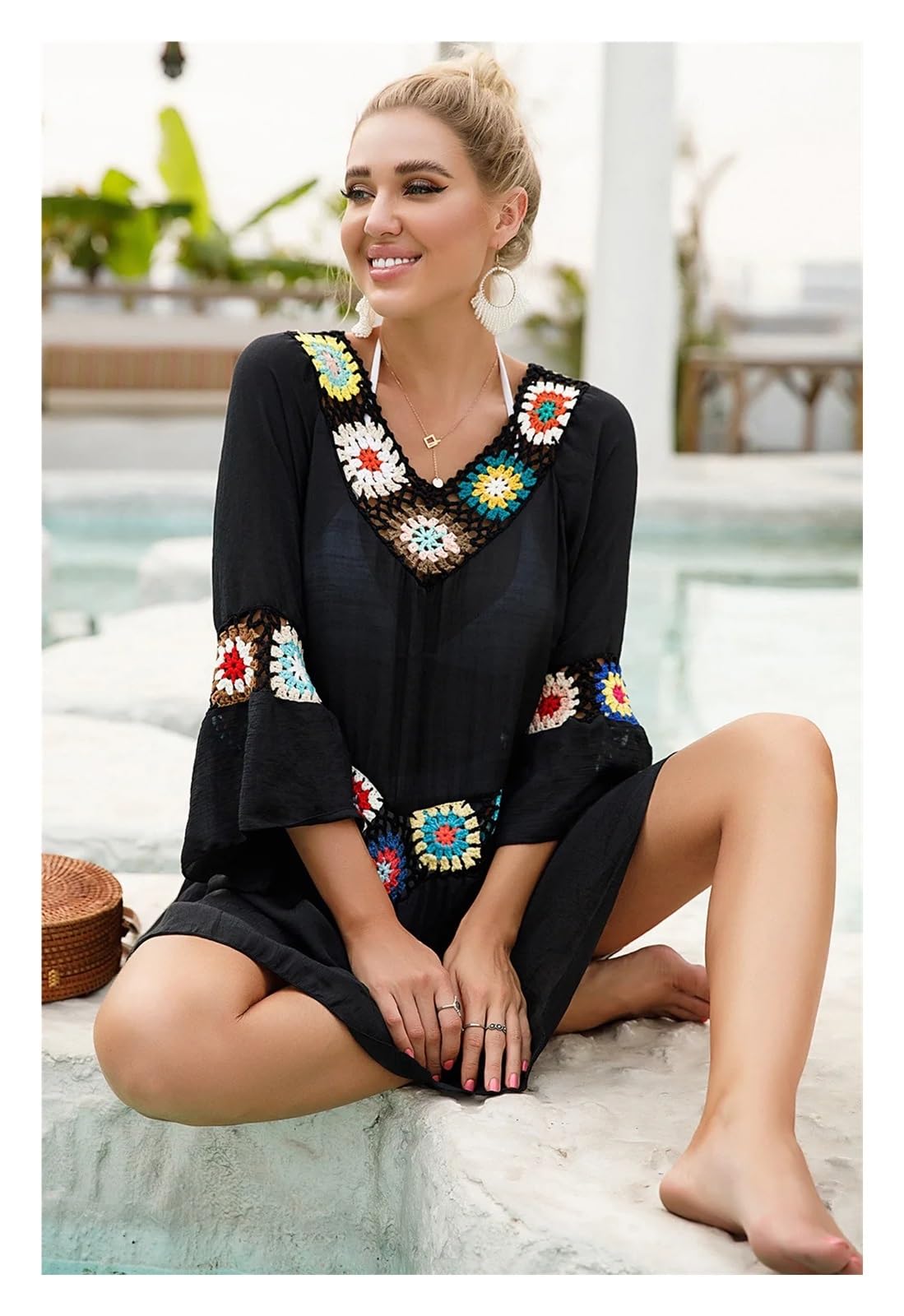 Bikini Cover Ups Damen Strandkleid Strandkleider Strandponcho Strandkleid Strandponcho Strandkleid Strandponcho(Black)