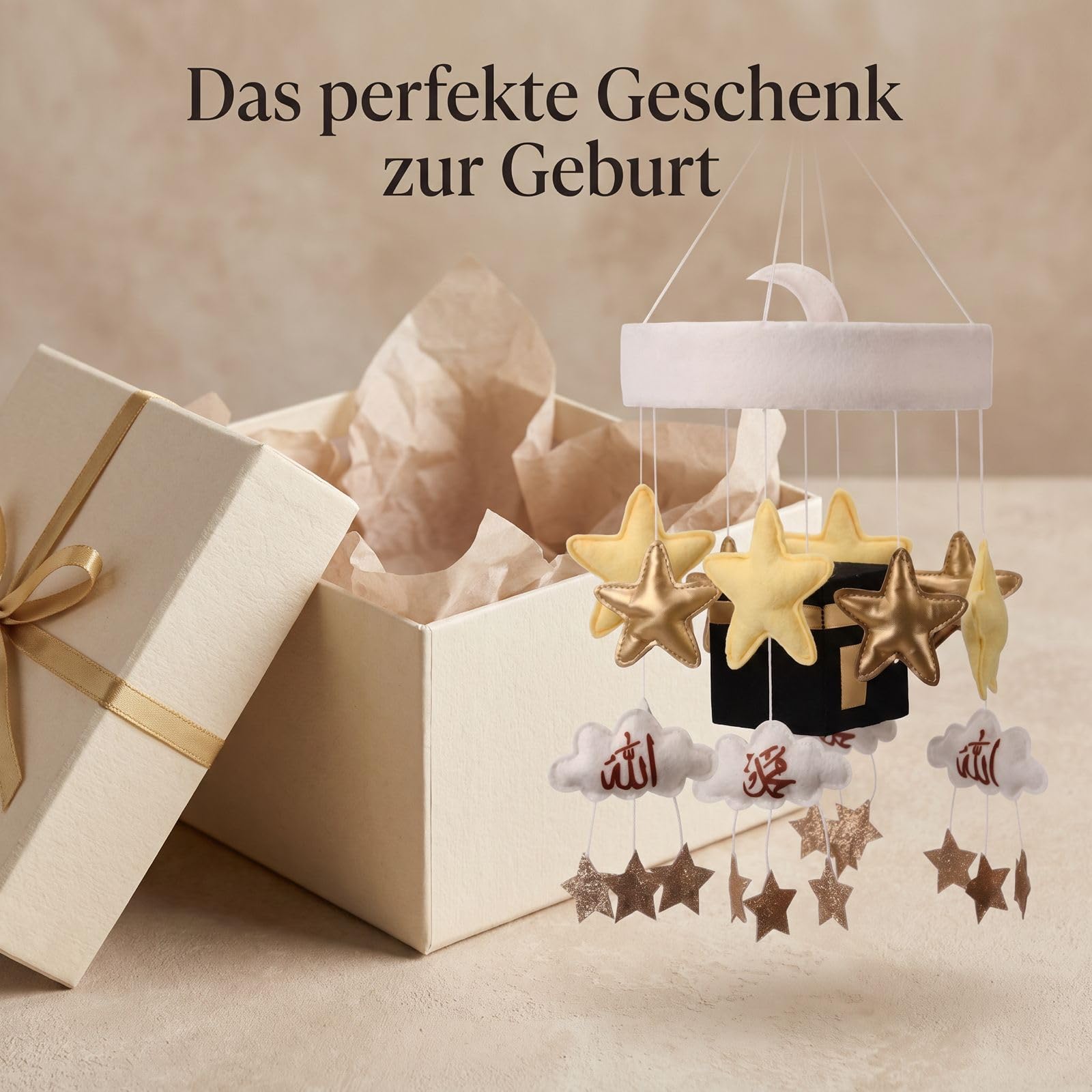 Muslimisches Baby-Mobile mit Koran Lautsprecher - Alle 114 Suren, Fernbedienung, Babybett-Mobile mit Kaaba, Allah & Muhammad, Geschenk zur Geburt