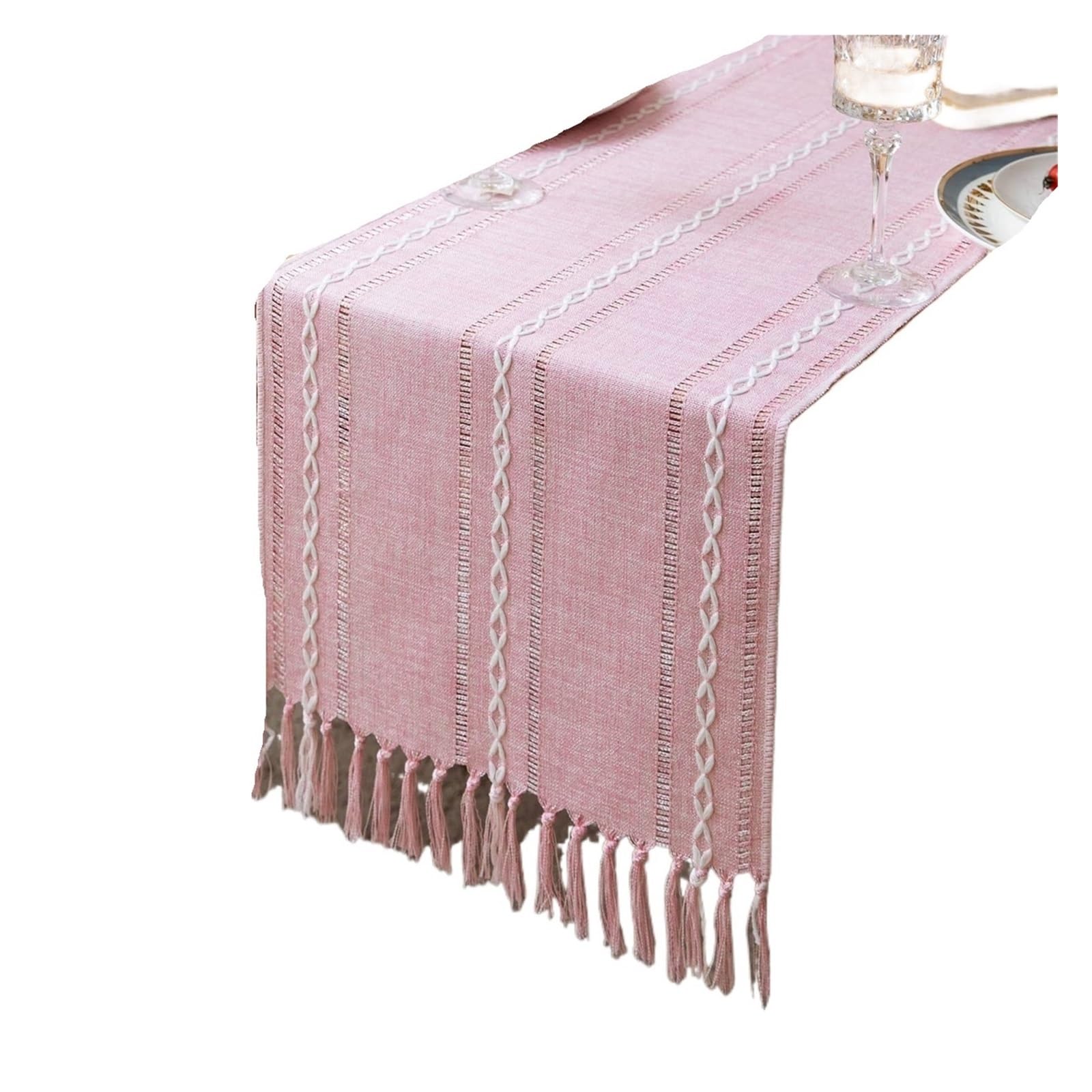 Linen Table Runner Farmhouse Rustic Piano Cover With Tassels For Dining Kitchen Coffee Party Dresser Home Decor For Home Party Decor(Light pink,35x120cm)
