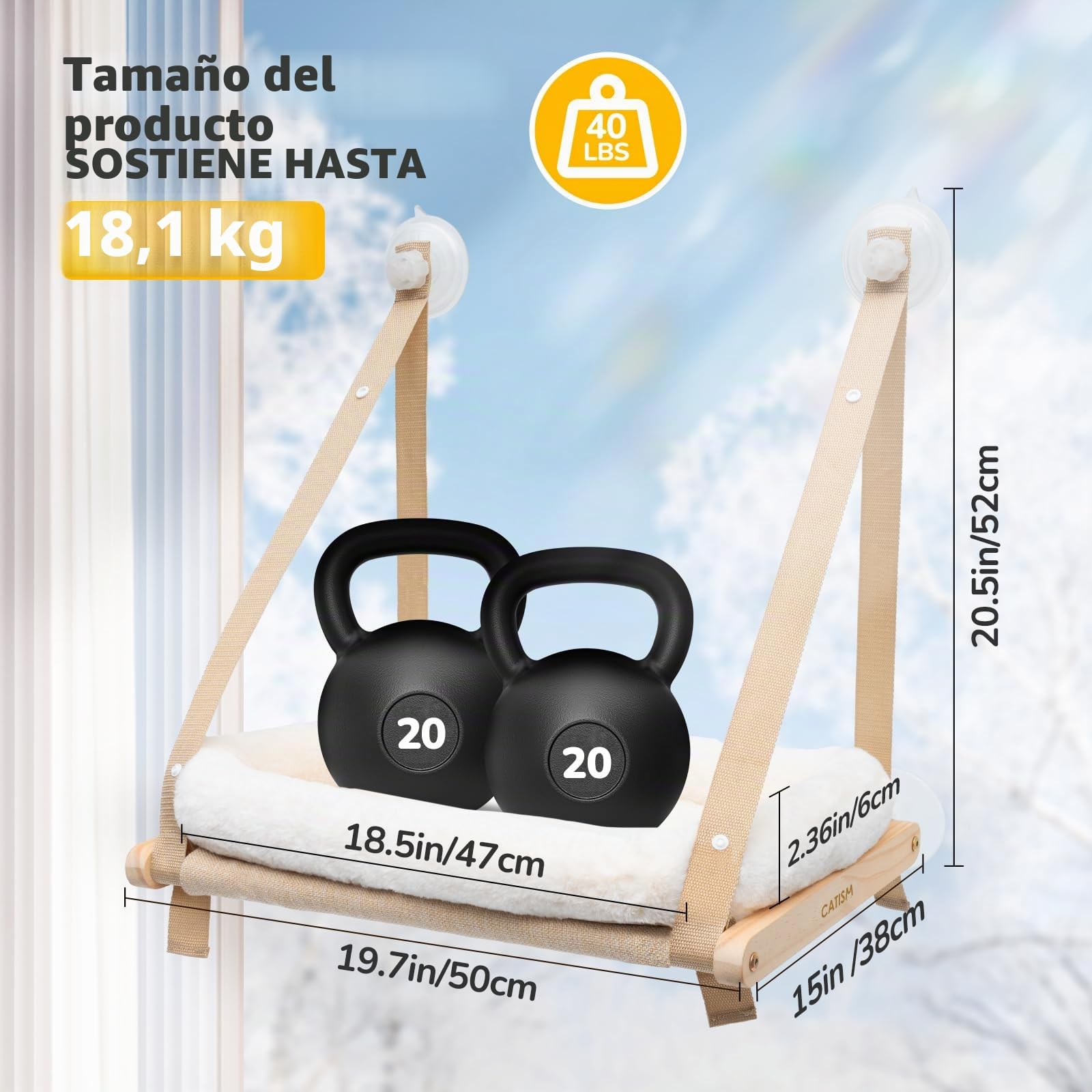 CATISM Plegable Hamaca Gato Ventana con Cojín de hasta 20kg, Hamaca para Gatos con Ventosa Fuerte, Lavable Tela Transpirable, Soporte para alféizar de Ventana, Saco de Dormir para Gatos (50x38cm)