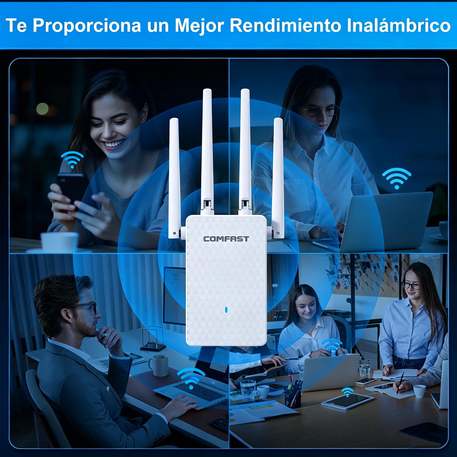 COMFAST Repetidor WiFi, AC1200M Amplificador Señal WiFi, 2.4/5 GHz Amplificador WiFi Potente con Puerto Ethernet, 4 Antenas Externas, Extensor de WiFi para Casa y Oficina, WPS, Repetidor/Router/Ap