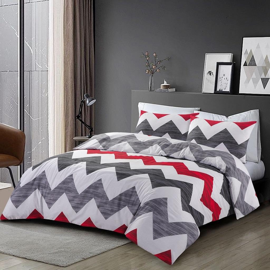 KARKARM Ronald Grey Red Chevron Stripes Duvet Cover King Printed Zig Zag Stripe Duvet Cover Set Reversible Modern Design Comforter Cover Bedding Quilt Cover Sets 3 pcs