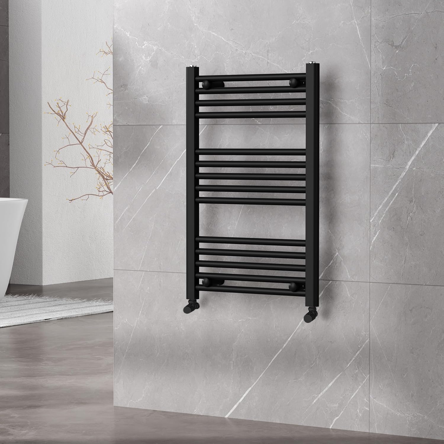 Go Bathrooms Nola Toallero de baño con calefacción, radiador de baño, montado en la pared, color negro, 770 mm x 500 mm