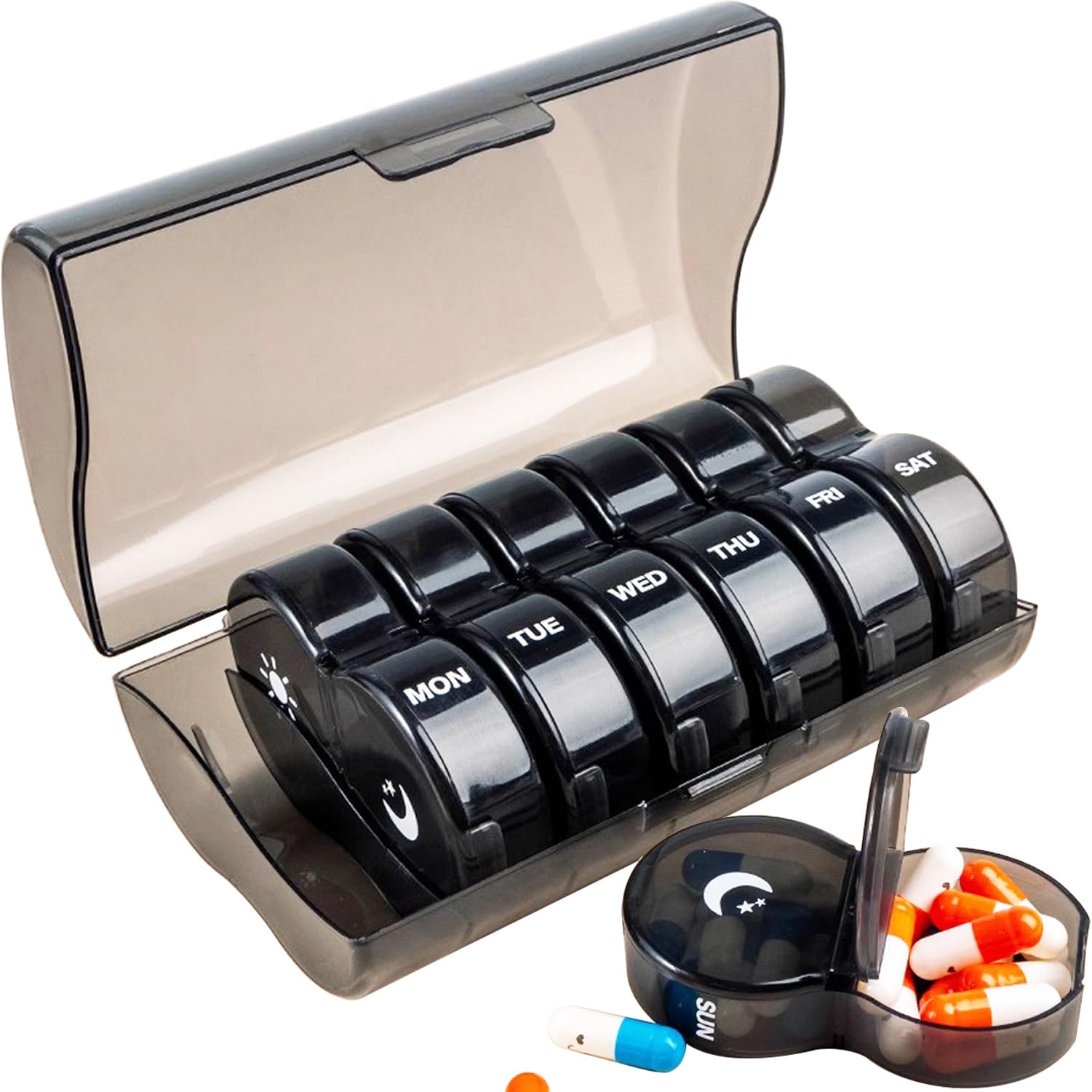 Weekly Pill Organizer 2 Time a Day Pill Dispensers Pill Box 7 Day with One-Side Large Opening Design