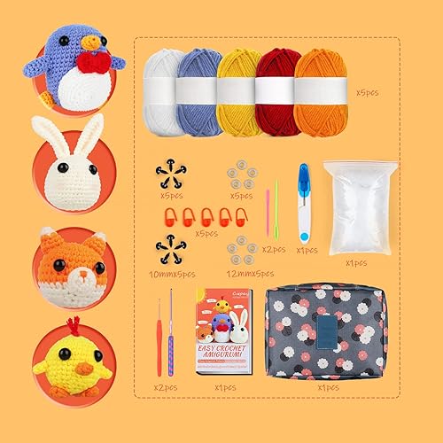 Miniatura 6 de Coopay Kit de ganchillo para principiantes kit de animales de ganchillo 4 en 1 - Pingüino, pollo, conejo y zorro, juego de ganchillo para