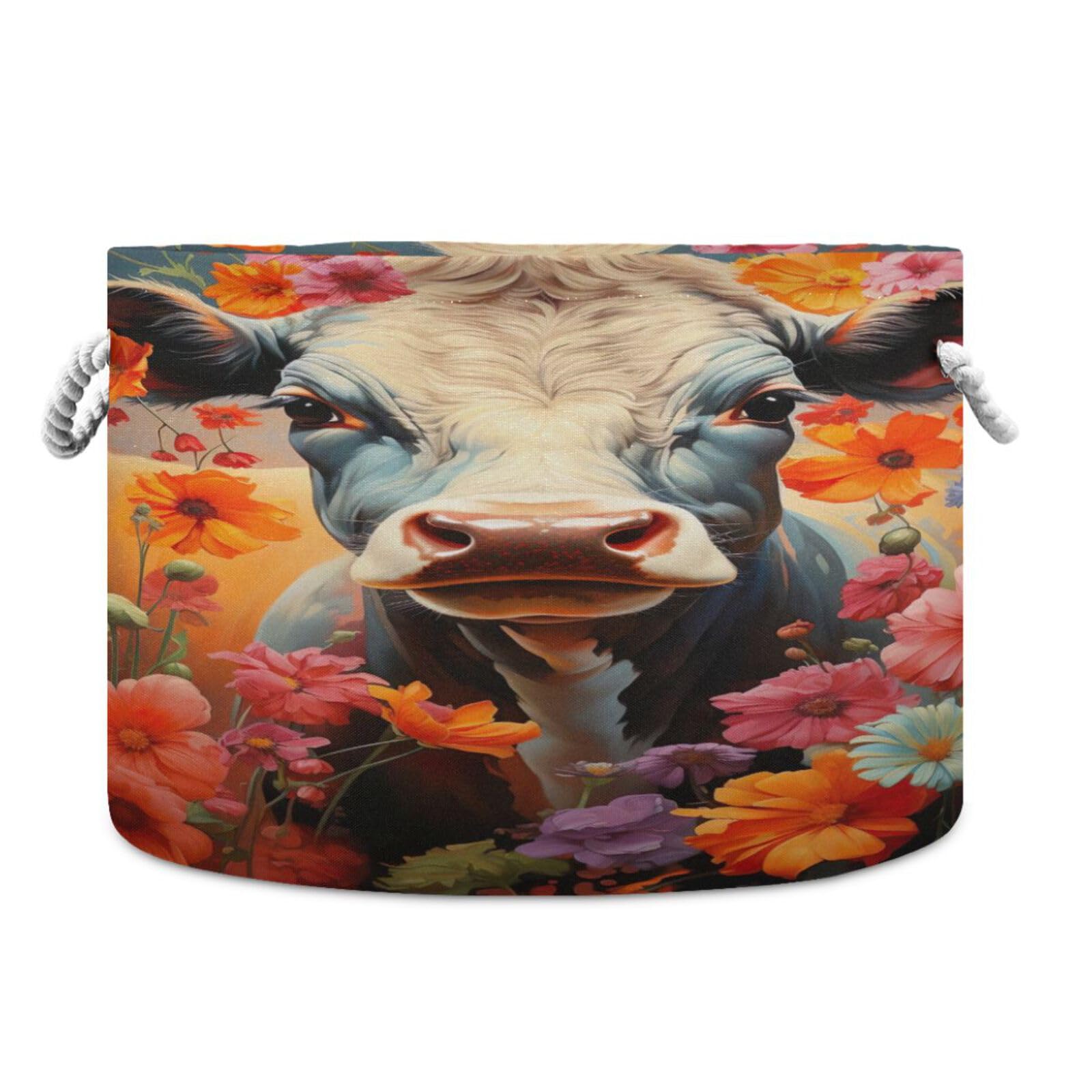 Round Cute Cow Flower Storage Basket Large Organizer Bin Laundry Hamper Toy Storage Basket with Handle for Nursery Clothes Toys 202b4809