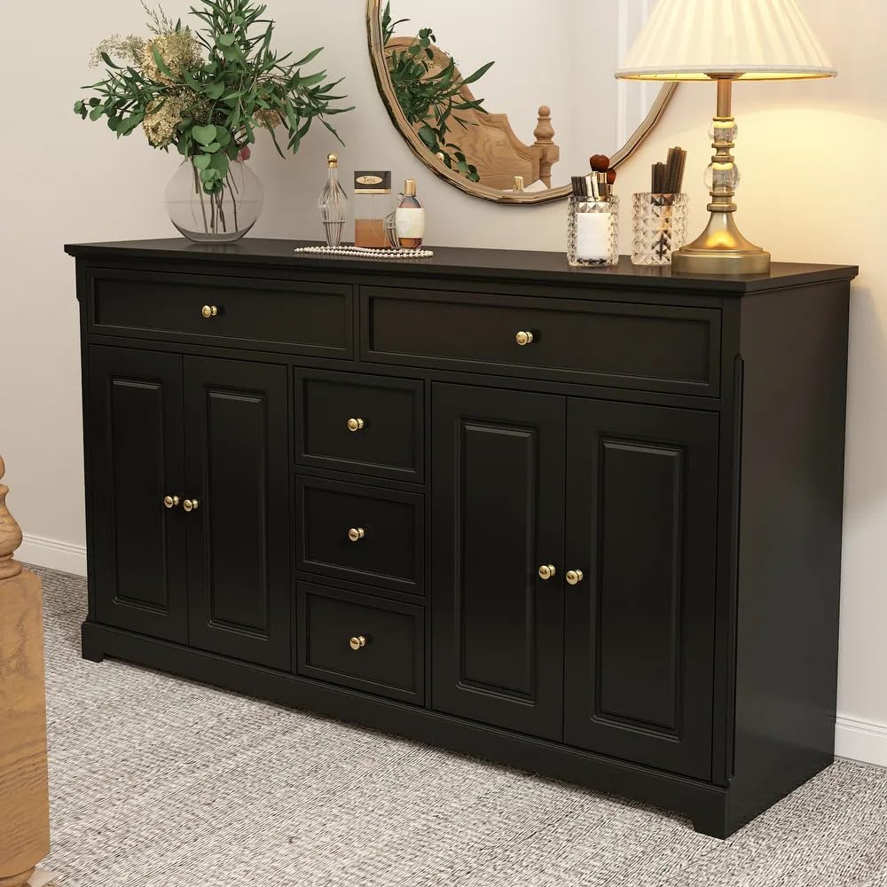 WoodArrow Dresser Sideboard for Bedroom | Multipurpose Storage Dresser Cabinet with 5 Storage Drawers, 59 L, 15.7 D, and 33.5 H Inches Engineerd Wood (Black)