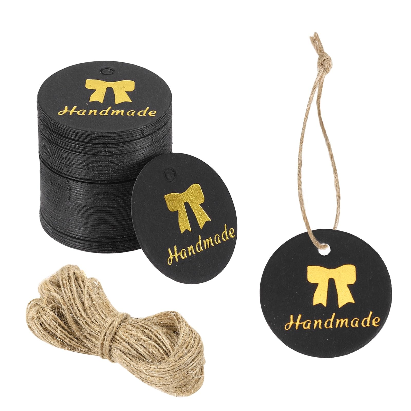 DEFANEX 100pcs Handmade Gift Tags (1 Inch) - Round Paper Tags Gold Foil Letter Labels with String, for DIY Crafts Wedding Birthday Party Gift Wrapping Favours, Black